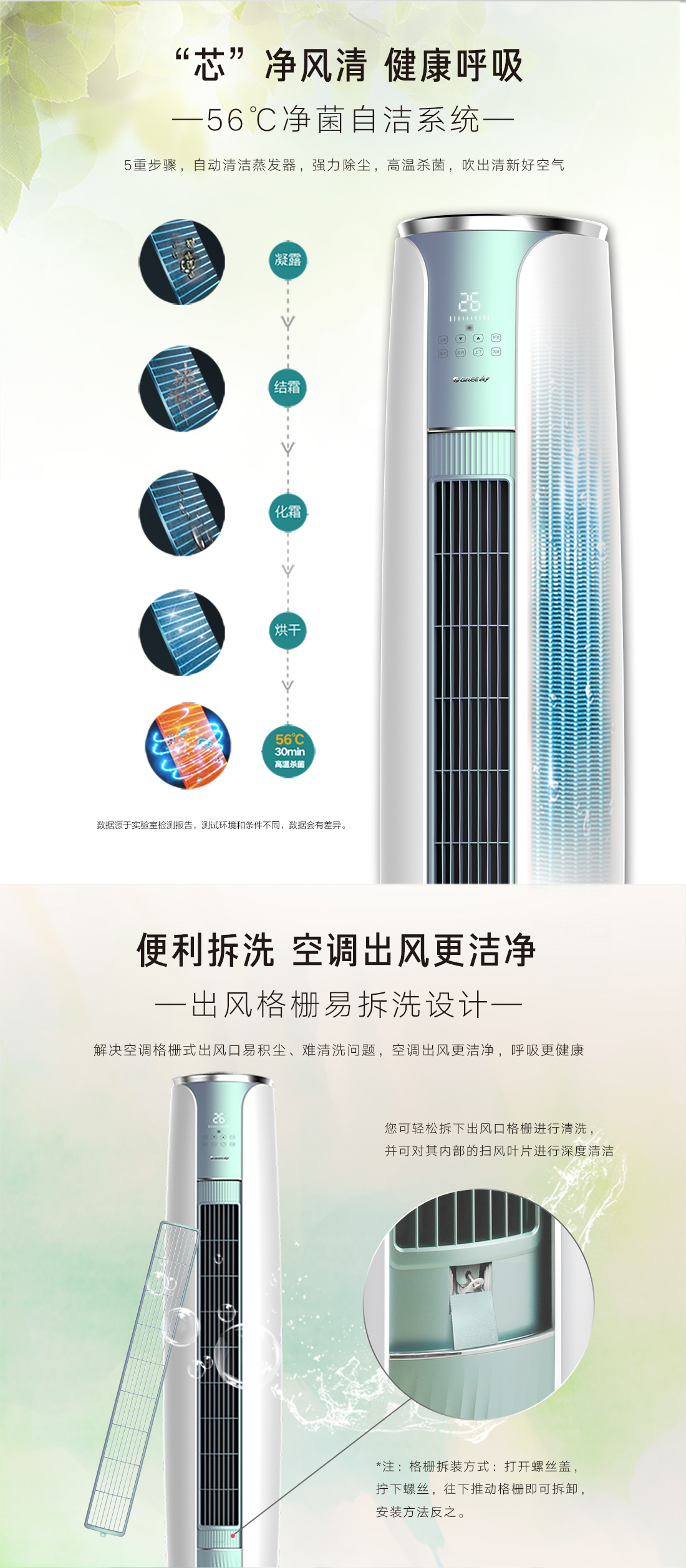 芯净风清，健康呼吸，56摄氏度净菌自洁系统，便利拆洗，空调出风更洁净
