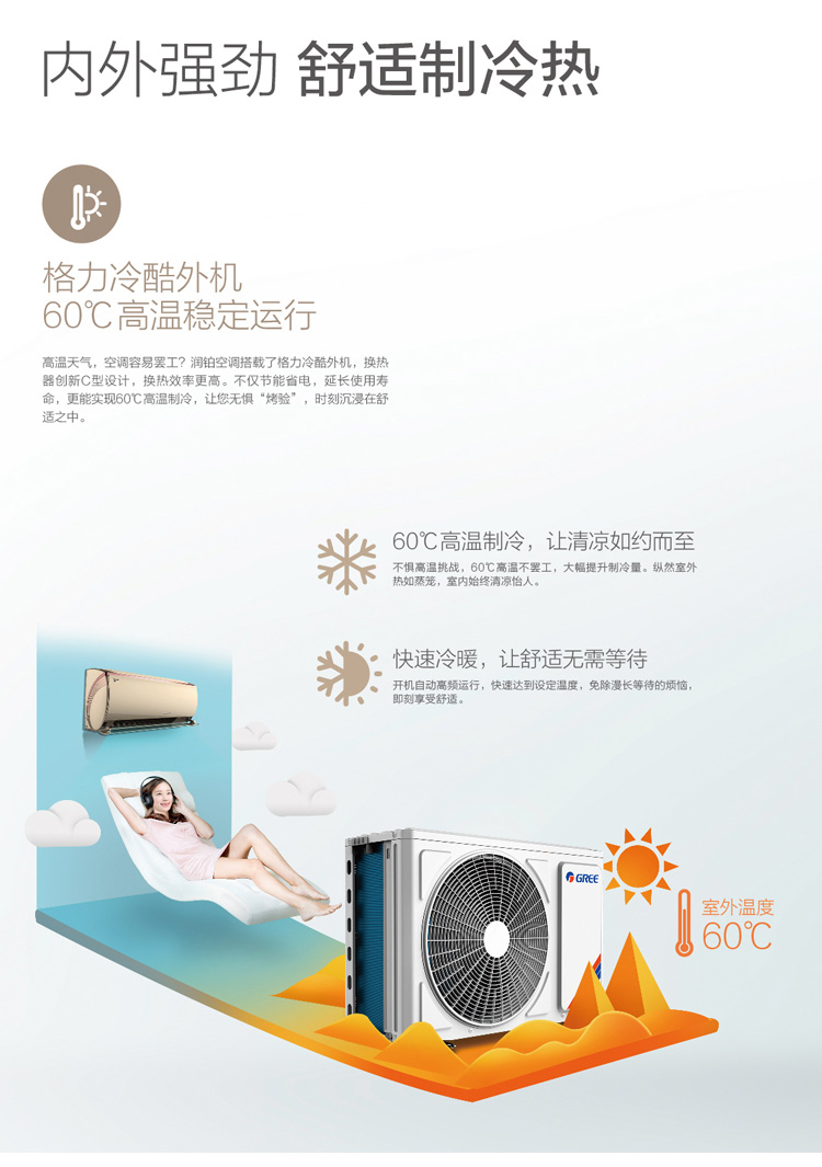 内外强劲舒适制冷热,格力冷酷外机，60摄氏度高温稳定运行
