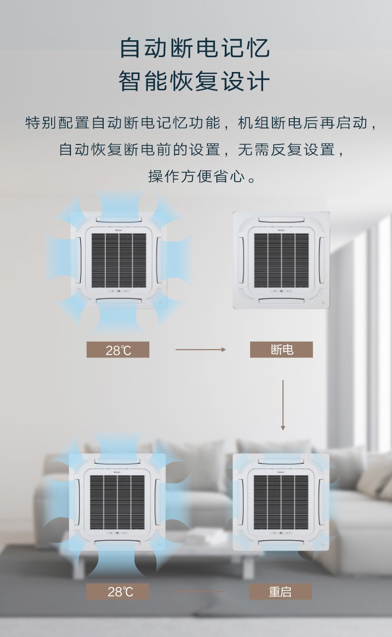 特别配置自动断电记忆功能，机组断电后再启动， 自动恢复断电前的设置，无需反复设置，操作方便省心。