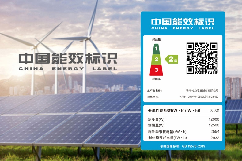 2级中国能效标识，全年性能系数3.30；制冷量12000W；制热量12500W；制冷季节耗电量2554kw/H; 制热季节耗电量2932KW/H; 依据国家标准：GB19576-2019