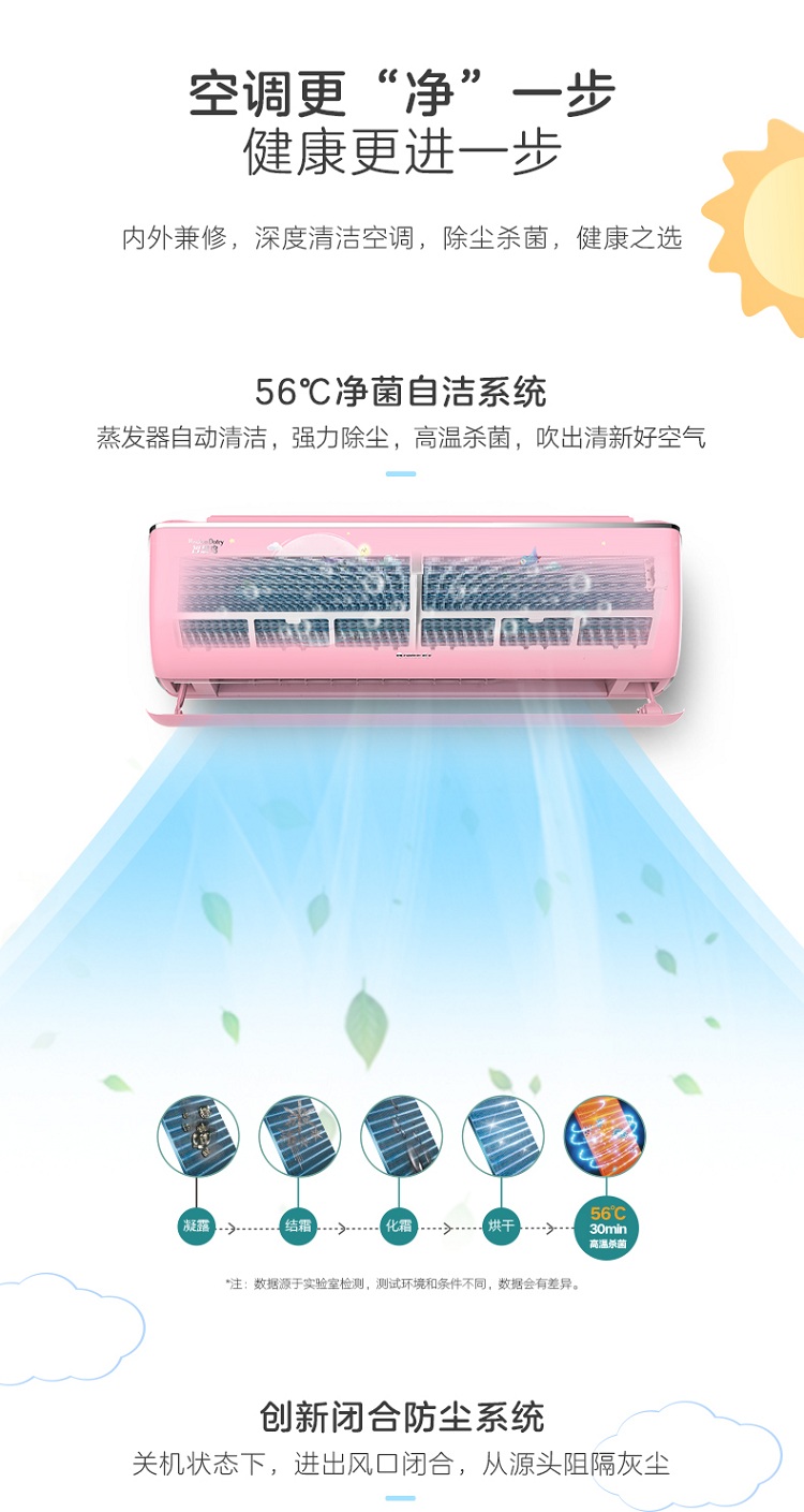 内外兼修，深度清洁空调，除尘杀菌，健康之选；蒸发器自动清洁，强力除尘，高温杀菌，吹出清新好空气；关机状态下，进出风口闭合，从源头阻隔灰尘