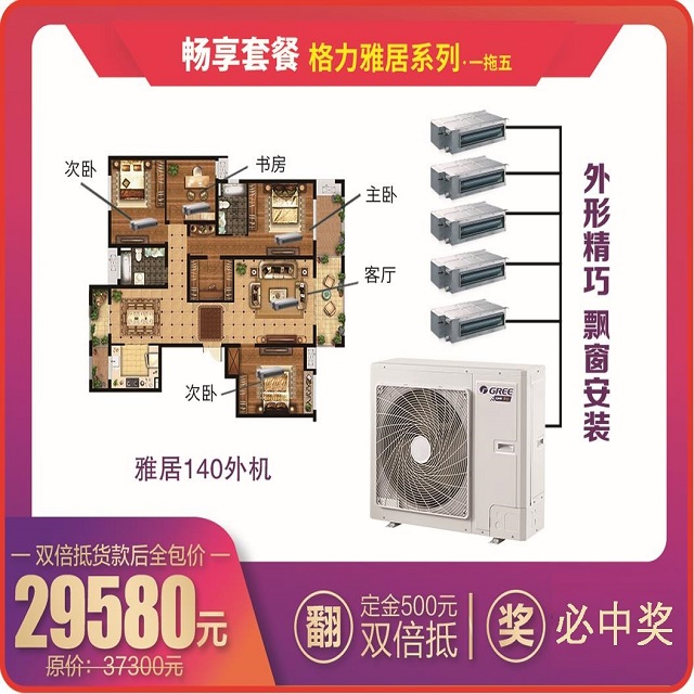 畅享套餐雅居系列格力家用中央空调一拖五价格29580元（140外机）外形精巧，飘窗安装，小身材大容量，超国家一级能效标准，定金500元双倍抵，100%中奖