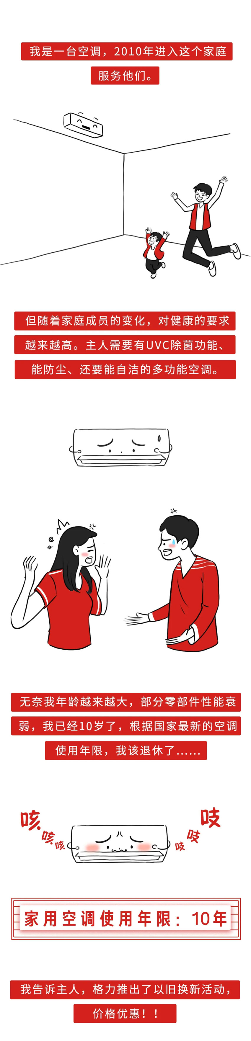 我是一台空调,2010年进入这个家庭服务他们，但随着家庭成员的变化，对健康的要求越来越高。主人需要有UVC除菌功能、能防尘、还要能自洁的多功能空调。无奈我年龄越来越大，部分零部件性能衰弱，我已经10岁了，根据国家最新的空调使用年限，我该退休了……我告诉主人，格力推出了家用分体空调以旧换新活动，价格优惠！