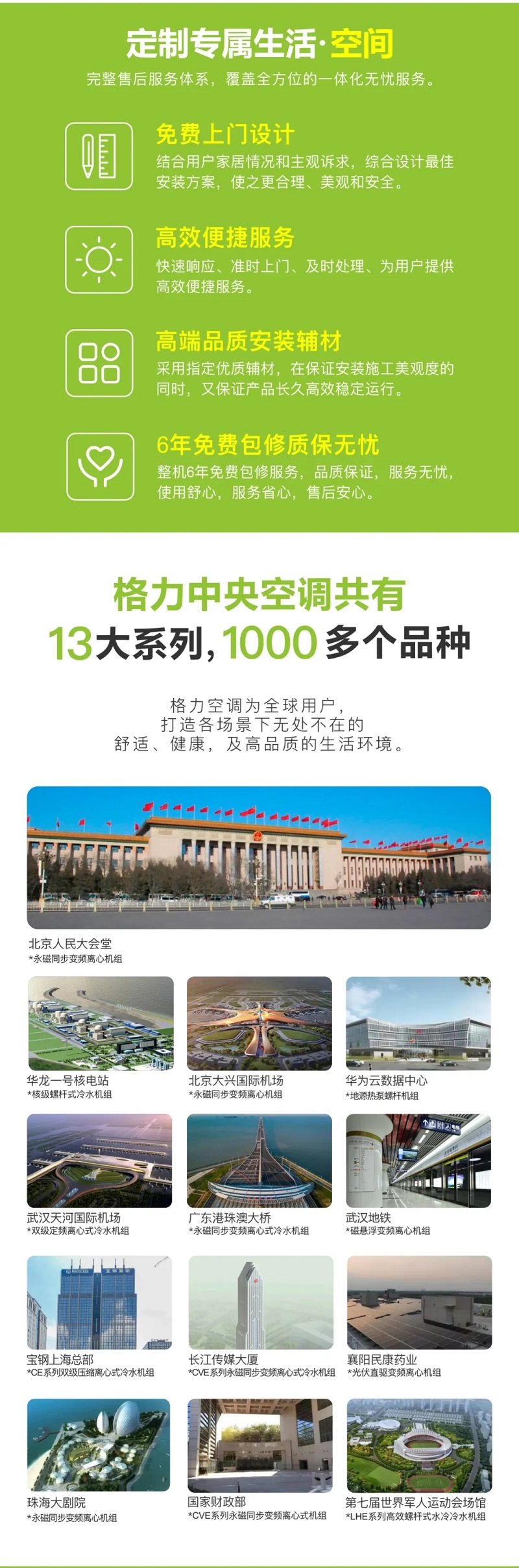 定制专属生活空间，完整售后服务体系，覆盖全方位的一体化无忧服务。 免费上门设计，高效便捷服务，高端品质安装辅材，6年免费包修质保无忧；格力中央空调共有13大系列，1000多个品种，为全球用户打造各场景下无处不在的舒适、健康及高品质的生活环境