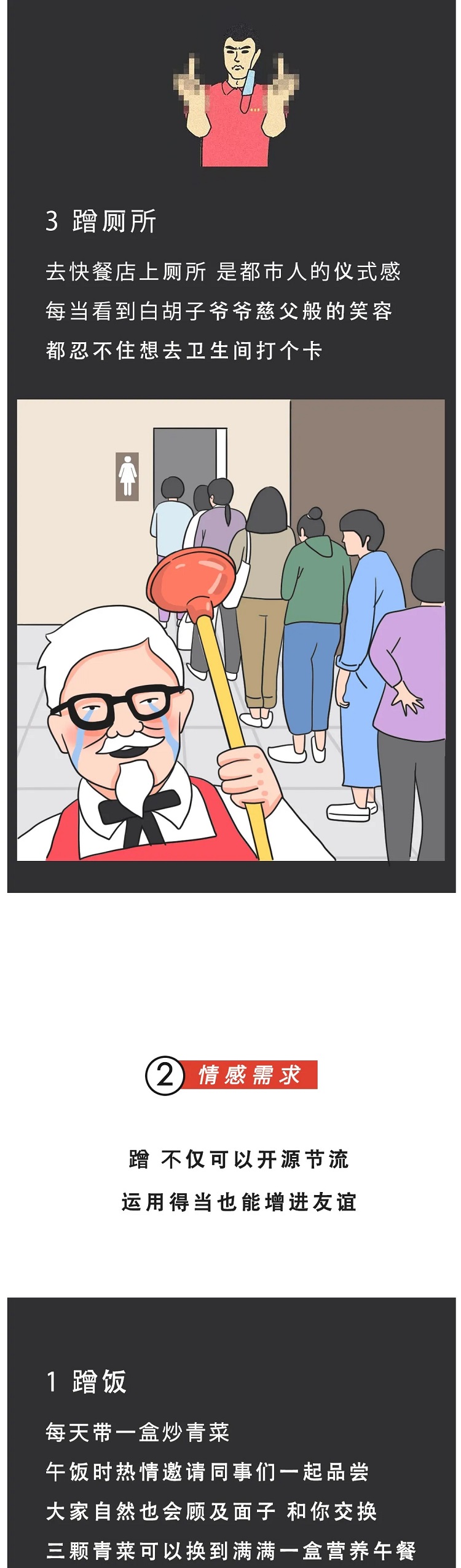 3.蹭厕所，去快餐店上厕所都是都市人的仪式感每当看到白胡子爷爷慈父般的笑容都忍不住想去卫生间打个卡；2.情感需求：蹭不仅可以开源节流，运用得当也能增进友谊；蹭饭，每一带一盒炒青菜，午饭时热情邀请同事们一起品尝，大家自然会顾及面子和你交换，三颗青菜可以以换到满满一盒营养午餐