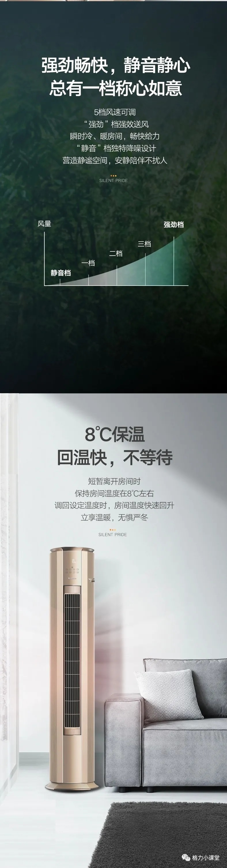 强劲畅块，静音静心，总有一档称心如意，5档风速可调，“强劲”档强效送风，瞬时冷、暖房间，畅快给力“静音”档独特降噪设计，营造静谧空间，安静陪伴不扰人；短暂离开房间时，保持房间温度在8℃左右，调回设定温度时，房间温度快速回升，立享温暖，无惧严冬 