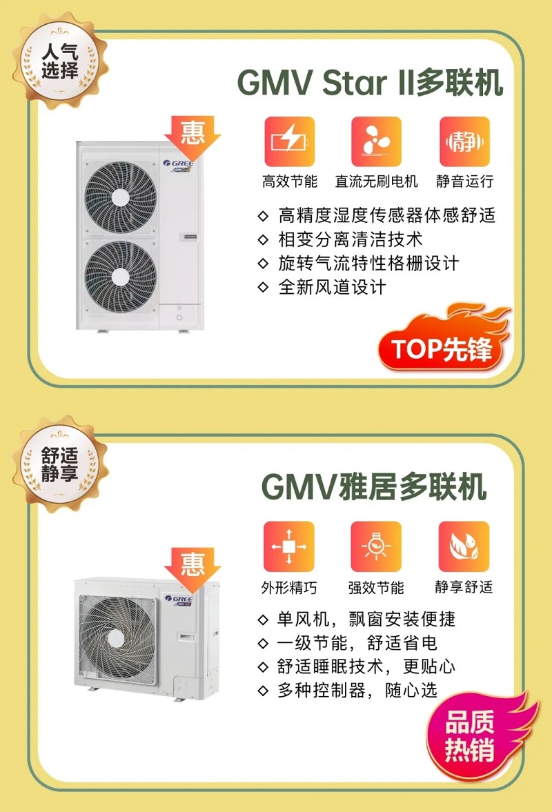 人气选择，GMVstarII多联机，高效节能，直流无刷电机，静音运行；高精度湿度优越感器体感舒适，相变分享清洁技术；旋转气流特性格栅设计；全新风道设计。舒适静享，GMV雅居家用中央空调多联机外形精巧，强效节能，静享舒适，单风机，飘窗安装便捷；一级节能，舒适省电；舒适睡眠技术，更贴心；多种控制器，随心选。