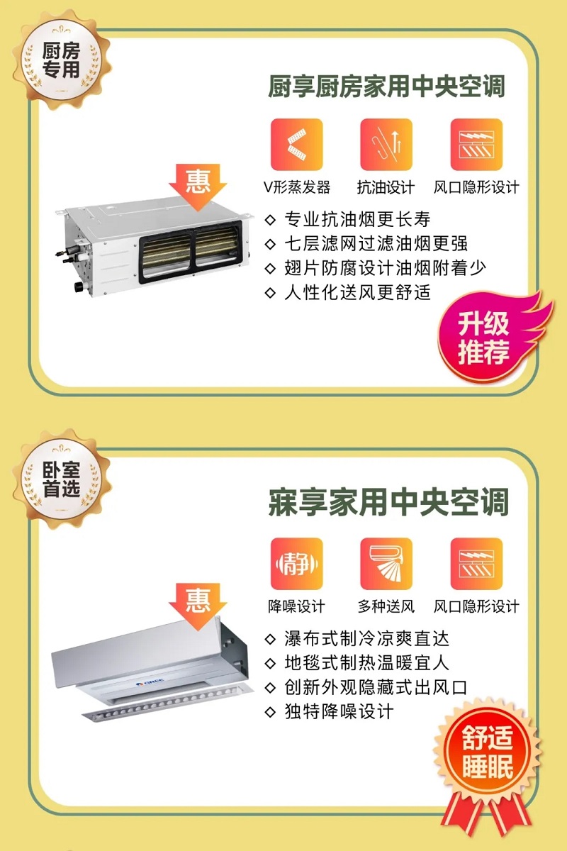 厨房专用的家用中央空调，V形蒸发器，抗没设计，风口隐形设计，专业抗油烟更长寿；七层滤网过滤油烟更强；翅片防腐设计油烟附着少；人性化送风更舒适；卧室首选寐享家用中央空调降噪设计，多种送风，风口隐形设计，瀑布式制冷凉爽直达 ；地毯式制热温暖宜人；创新外观隐藏式出风口；独特降噪设计；