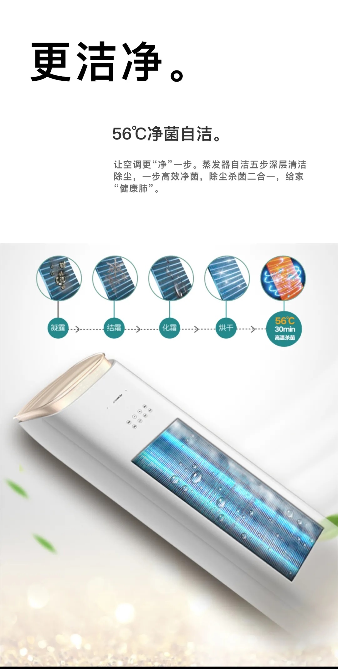 更洁净。56℃净菌自洁。让空调更“净”一步。蒸发器自洁五步深层清洁除尘，一步高效净菌，除尘杀菌二合一，给家人“健康肺”。