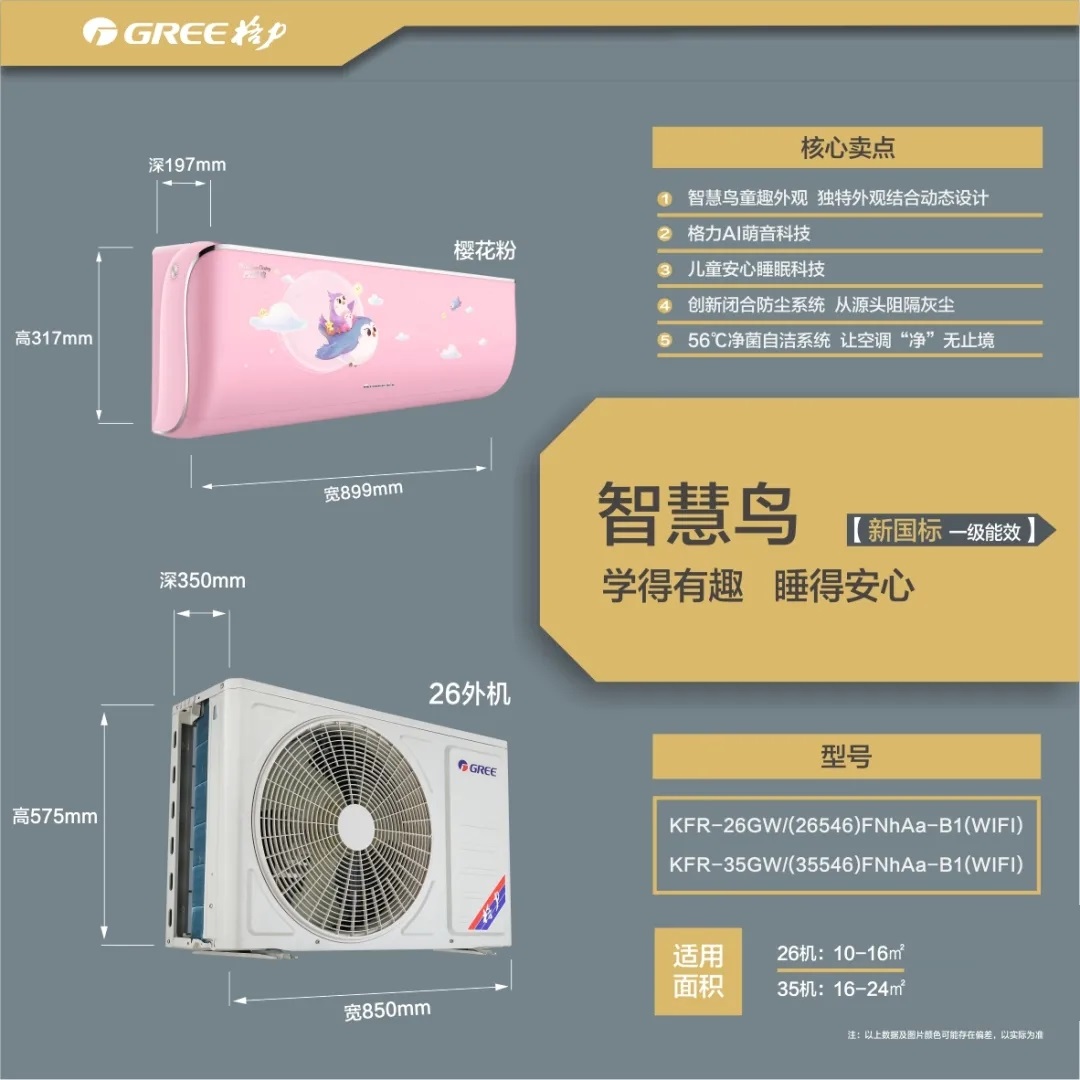 童趣外观，独特外观结合动态设计；AI萌音科技；儿童安心睡眠科技；创新闭合防尘系统，从源头阻隔灰尘；56℃净菌自洁系统，让空调“净”无止境
