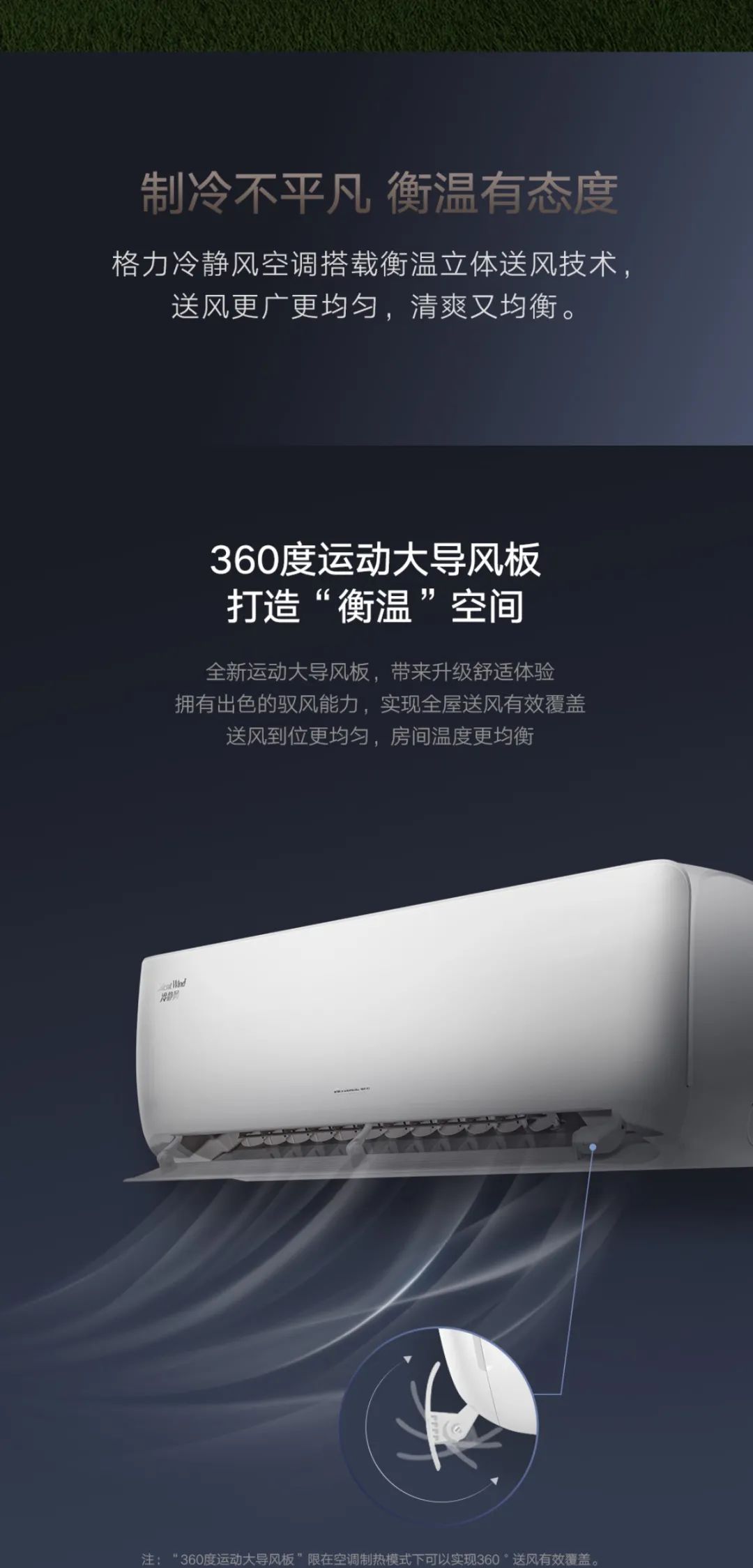 制冷不平凡，衡温有态度，格力冷静风分体空调搭载衡温立体送风技术，送风更广更均匀，清爽又均衡；360度全新运动大导风板，带来升级舒适体验，拥有出色的驭风能力，实现全屋送风有效覆盖，送风到位更均匀，房间温度更均衡。