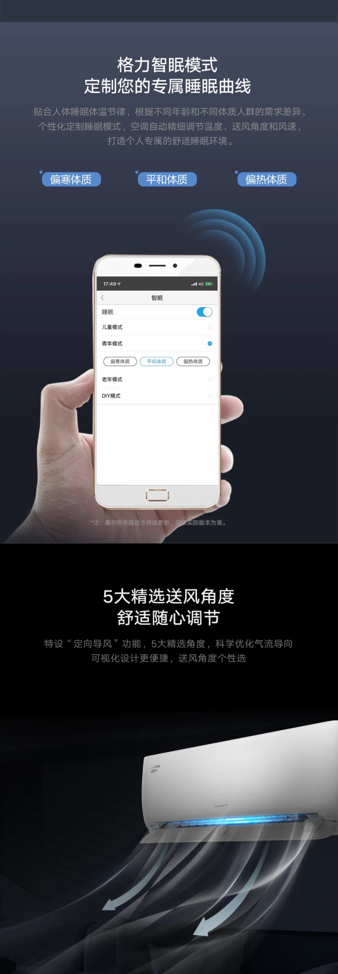 贴合人体睡眠体温节律，根据不同年龄和不同体质人群的需求差异，个性化定制睡眠模式，空调自动精细调节温度，送风角度和风速，打造个人专属的舒适睡眠环境。特设“定向导风”功能，5大精选角度，科学优化气流导向可视化设计更便捷，送风角度个性选