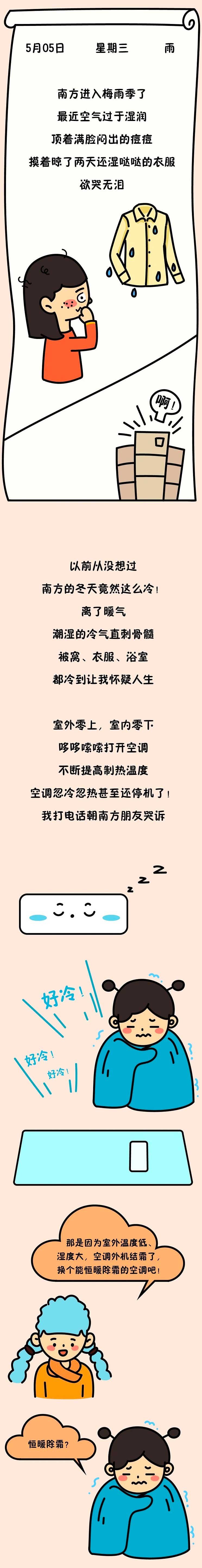 南方进入梅雨季了，最近空气过于湿润，顶着满脸闷出的痘痘，摸着晾了两天还湿哒哒的衣服，欲哭无泪。以前从没想过，南方的冬天竟然这么冷！离了暖气，潮湿的冷气直刺骨髓，被窝，衣服，浴室，都冷到让我怀疑人生，室外零上，室内零下，哆哆嗦嗦打开家中的分体空调，不断提高制热温度，空调忽冷忽热甚至还停机了!我打电话朝南方朋友哭诉，那是因为室外温度低，温度大，空调外机结霜了，换个能恒暖除霜的分体空调吧！那啥是恒暖除霜啊？